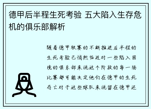 德甲后半程生死考验 五大陷入生存危机的俱乐部解析
